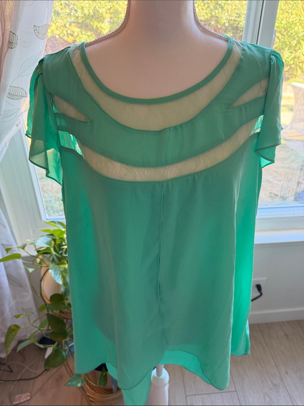 City Chic Teal Sheer Yoke Flutter Sleeve Blouse